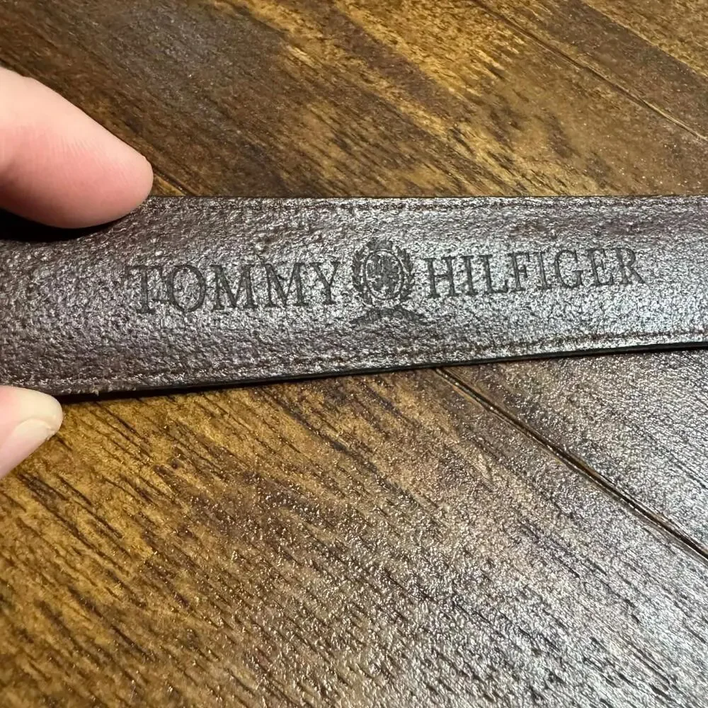 Vintage Tommy Hilfiger Leather Belt 38 Brown Solid Brass Gold Tone Buckle Logo